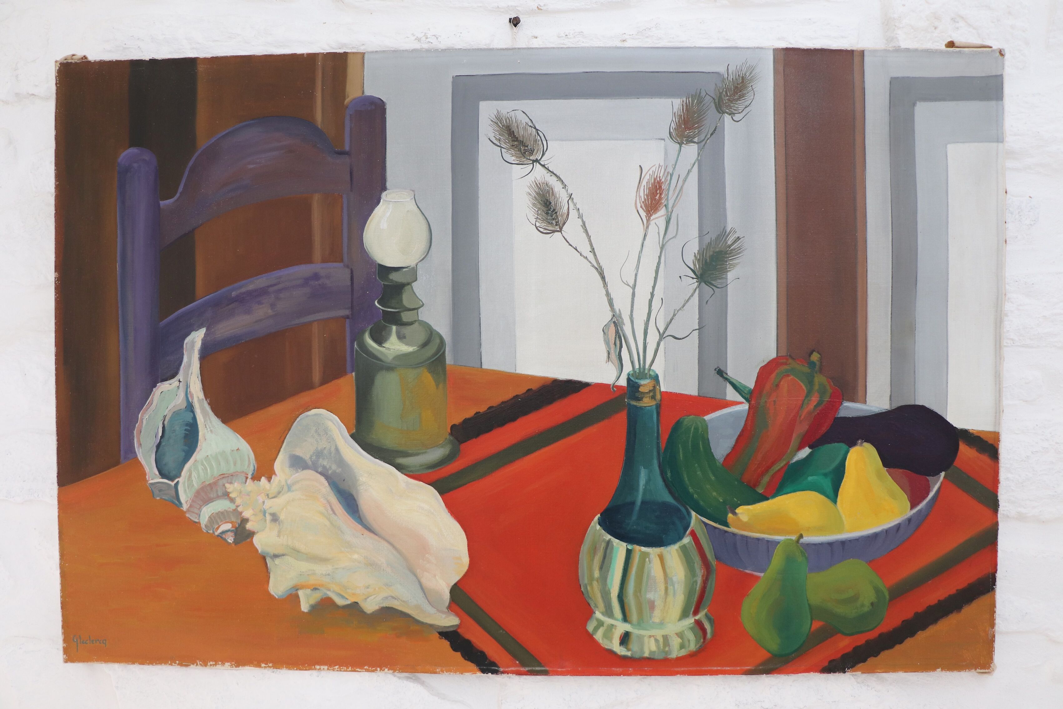 Still life with shells on striped tablecloth, Guy Leclercq, 20th century