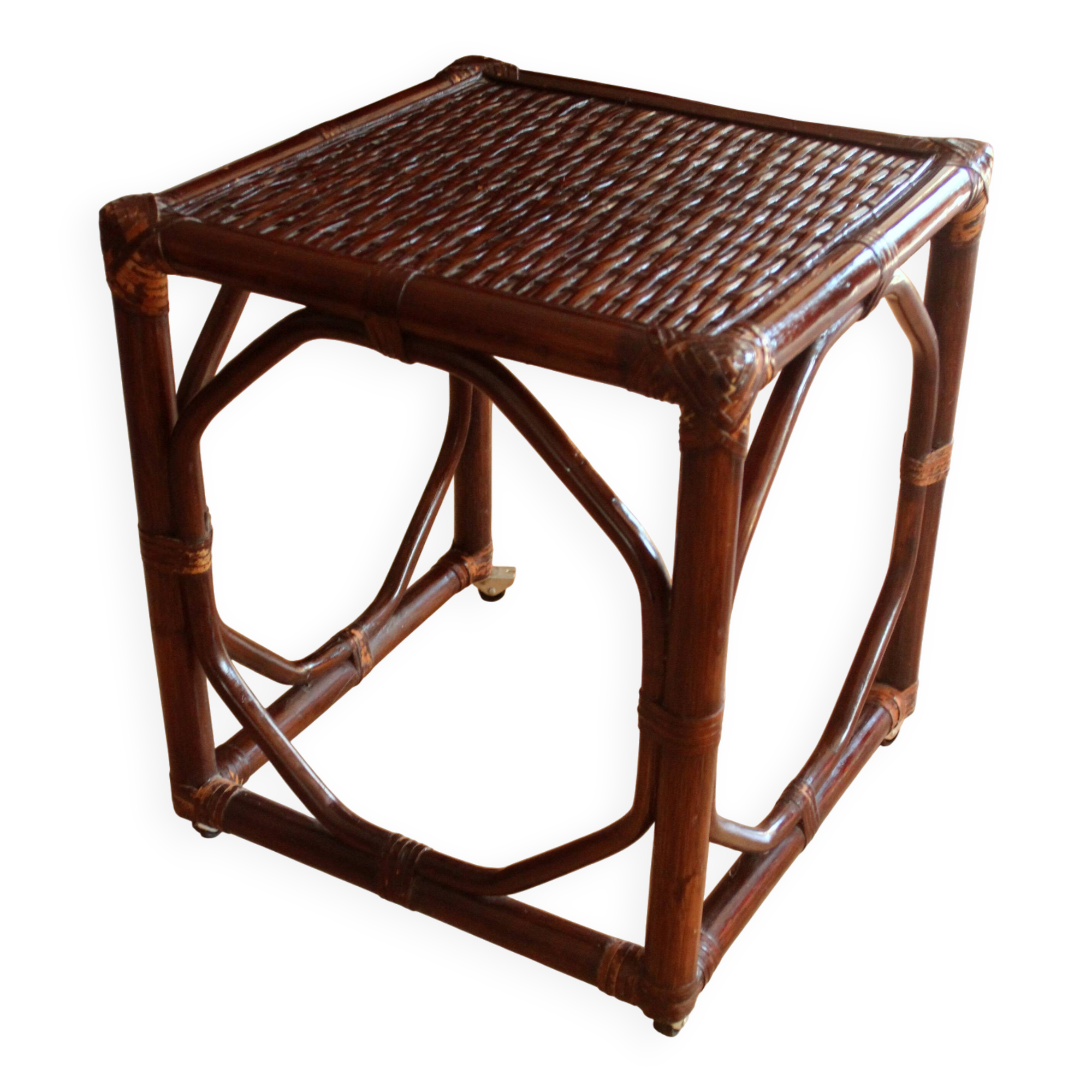 Small side table on rolls made of rattan, bamboo and wood, handmade Vintage