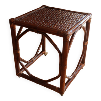Small side table on rolls made of rattan, bamboo and wood, handmade Vintage