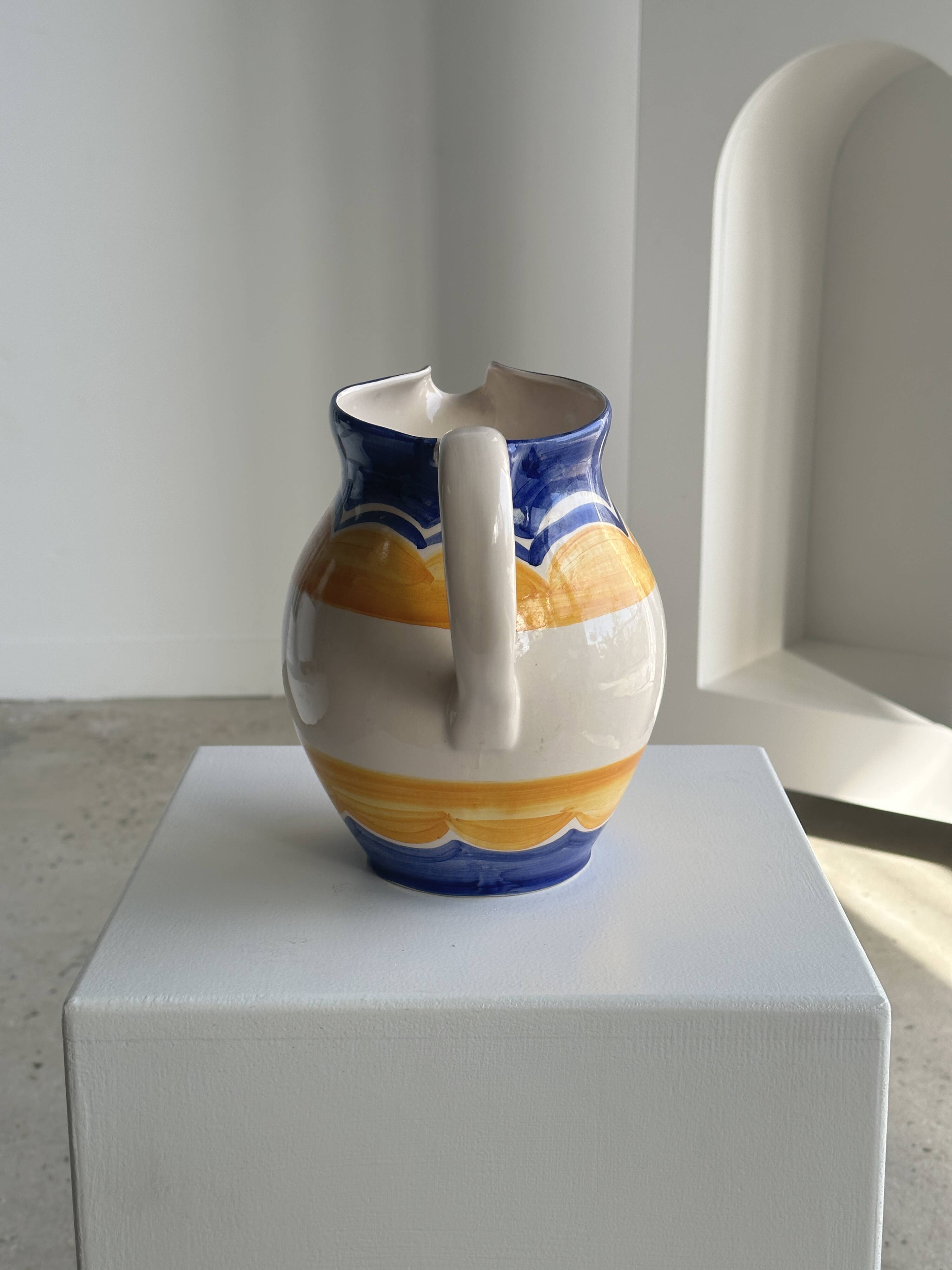 Large blue and yellow hand painted carafe H:20cm