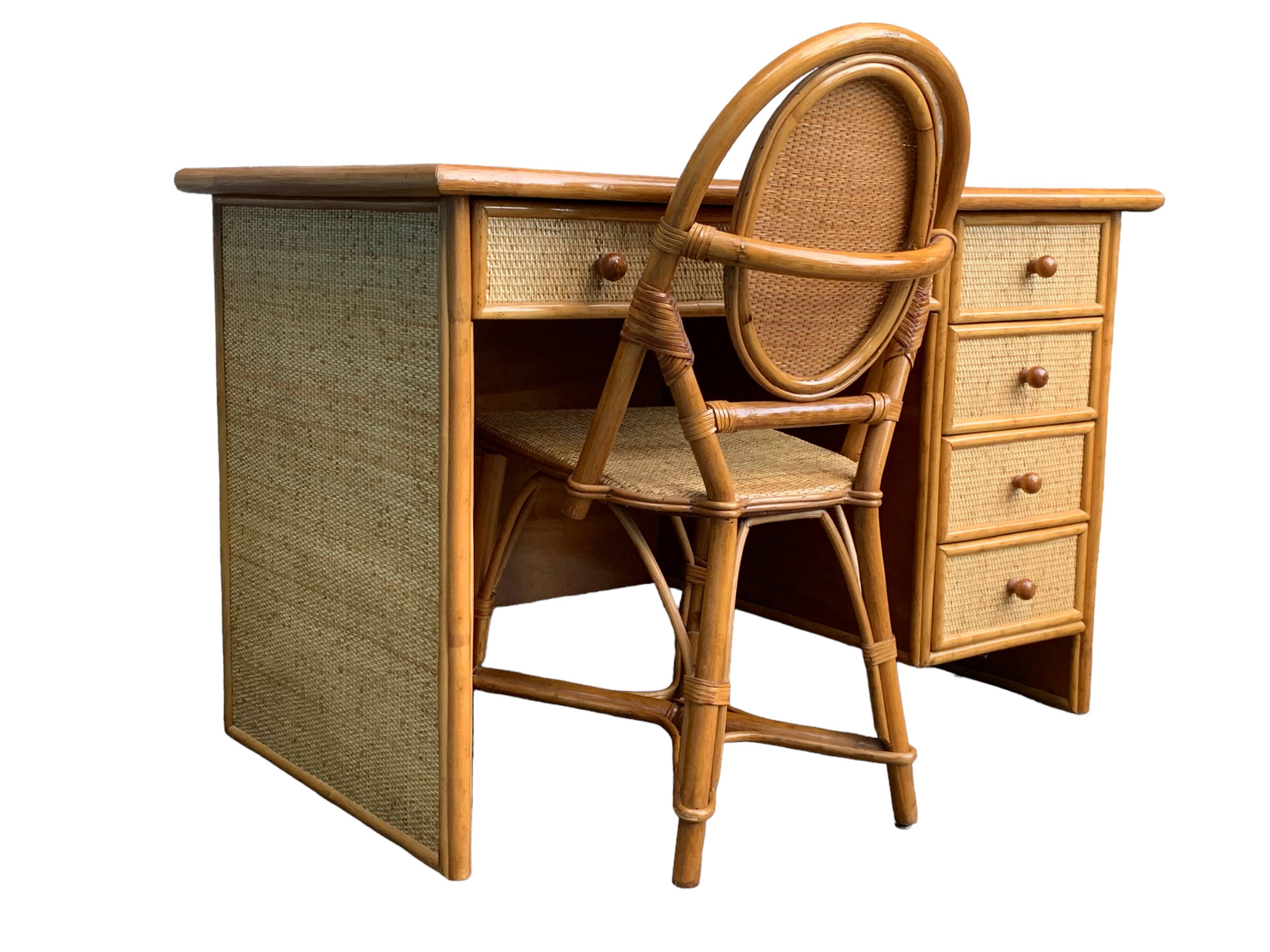Vintage rattan and woven wicker desk 1970