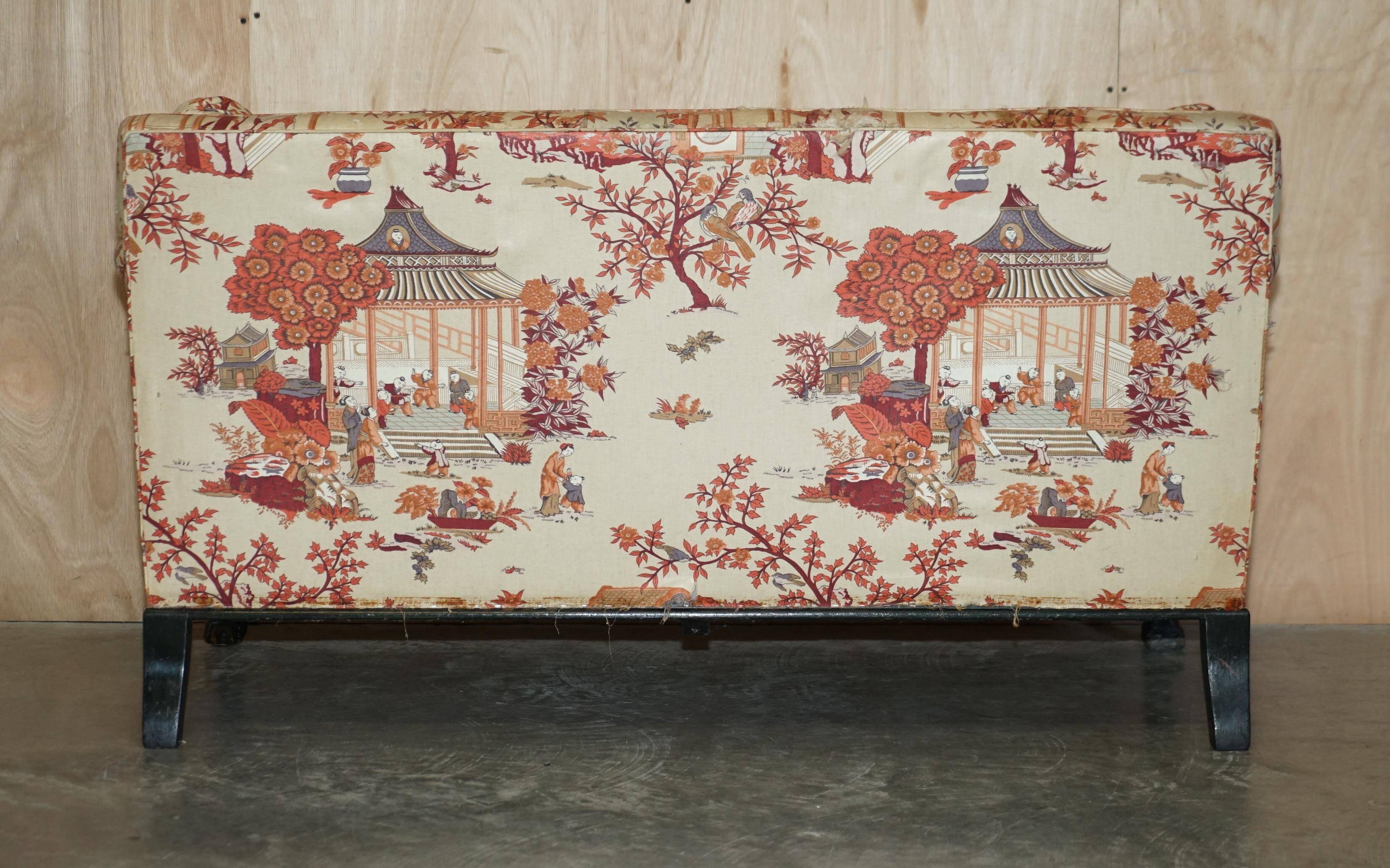 Antique Howard & Sons canapé, Aesthetic Movement, claw and ball feet, chinoiserie fabric.