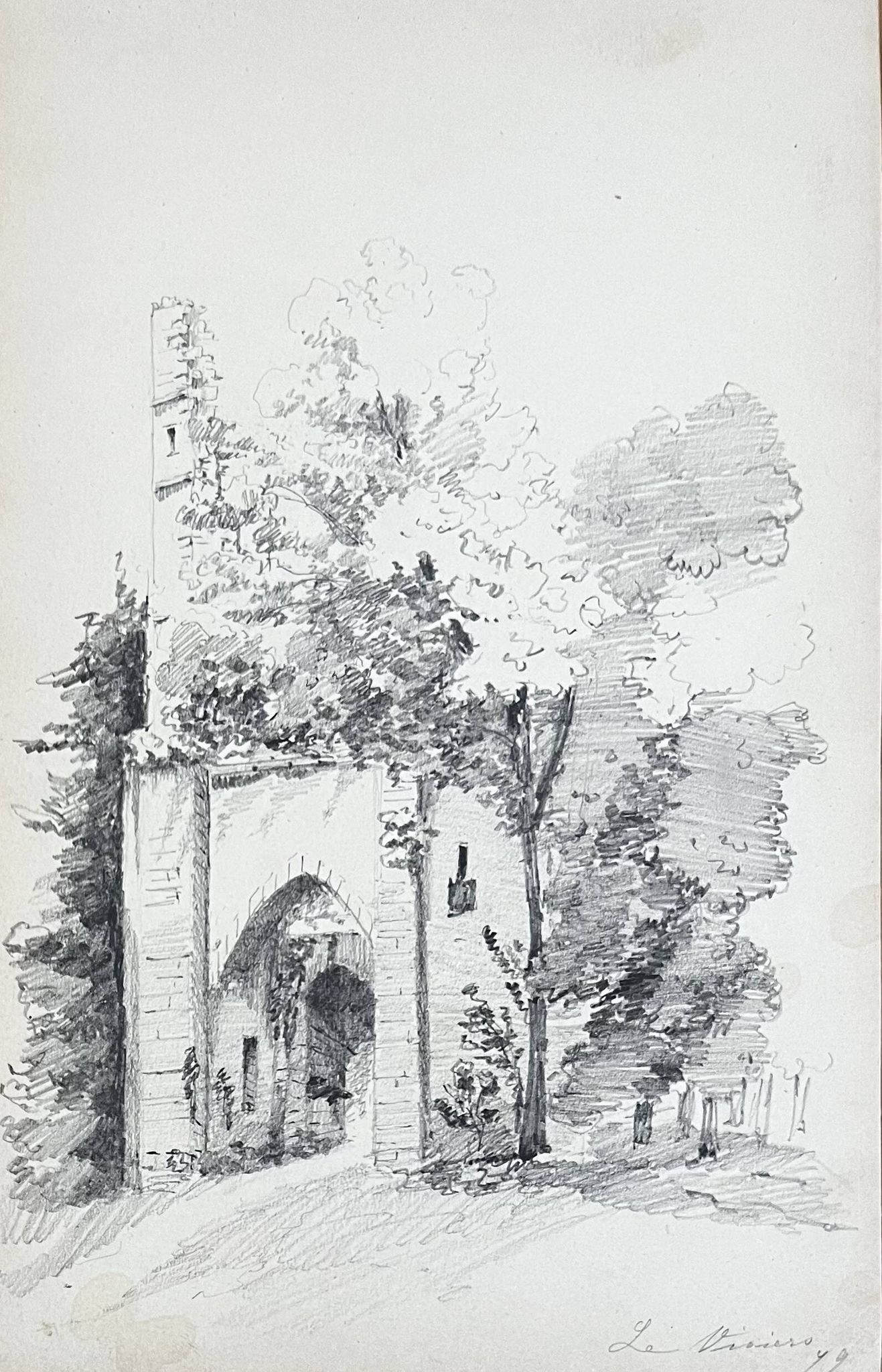 Dessin de paysage : le viviers - la tour en ruine - 49