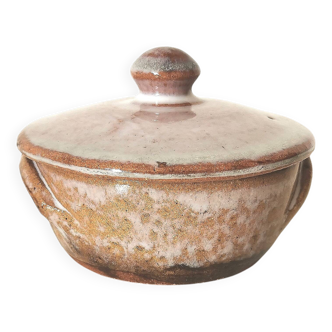 brown and white glazed stoneware sugar bowl