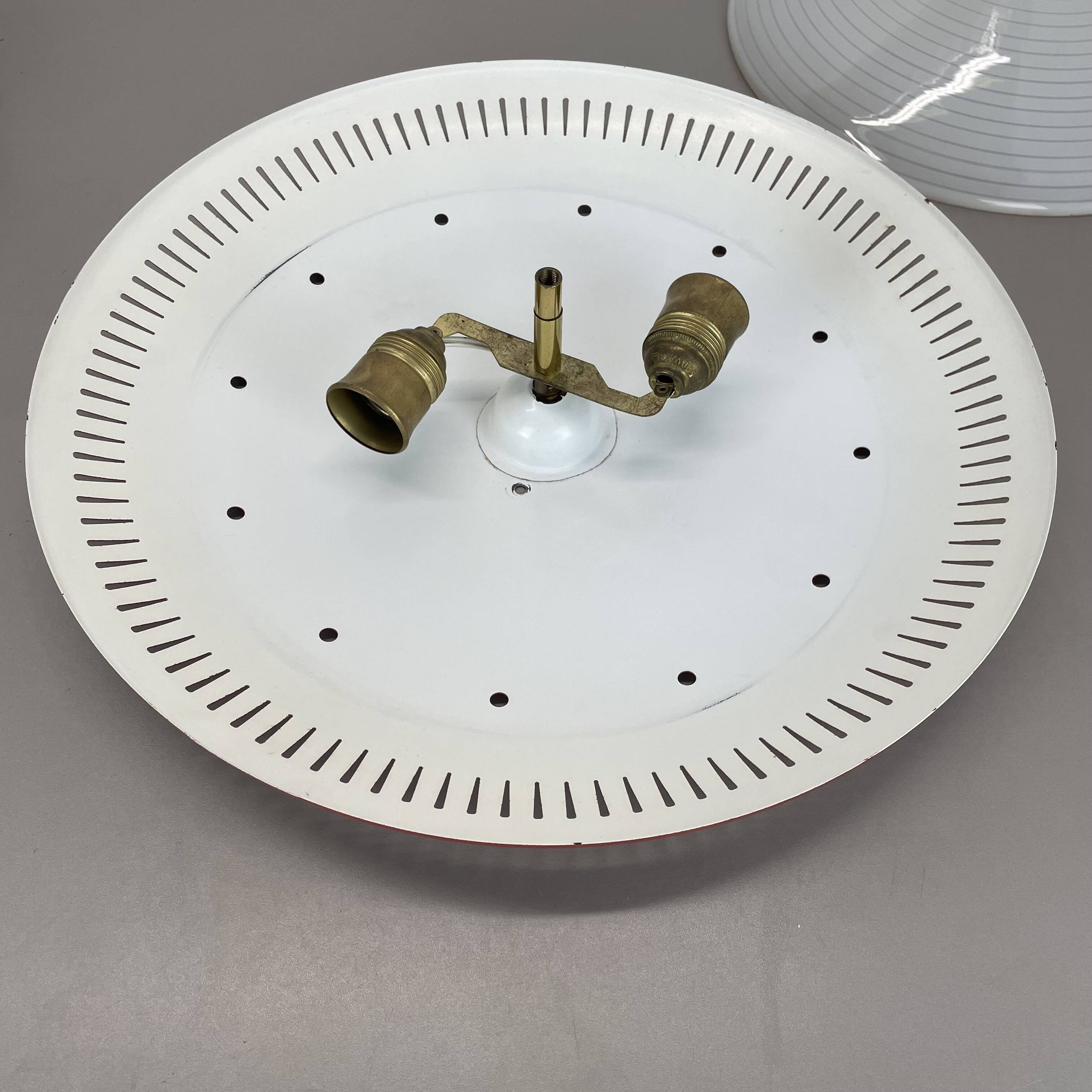 Modernist Stilnovo Style Metal glass Ceiling Flushmount Light, Italy 1950s