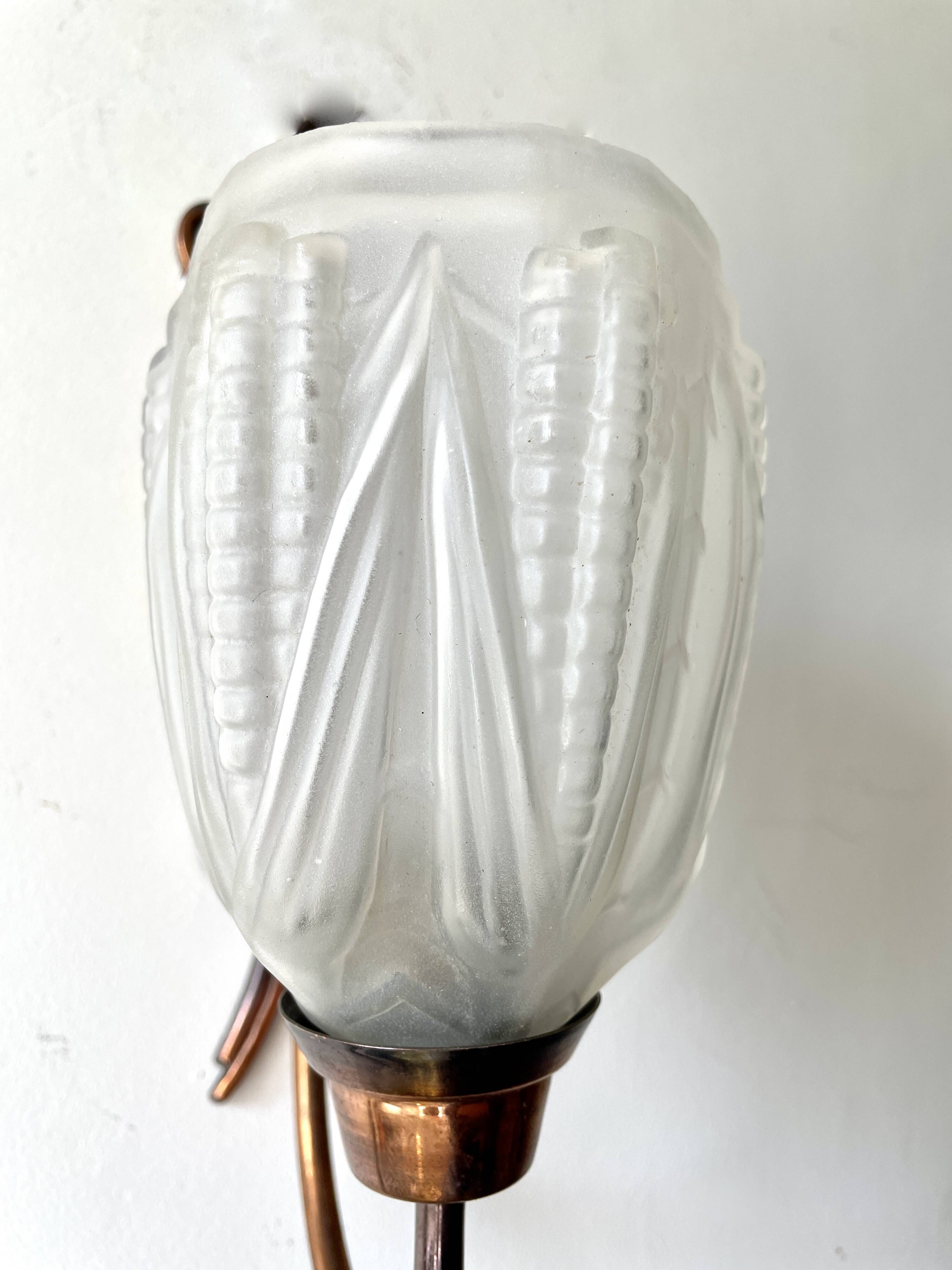 Pair of Art Deco wall lights, copper and frosted glass