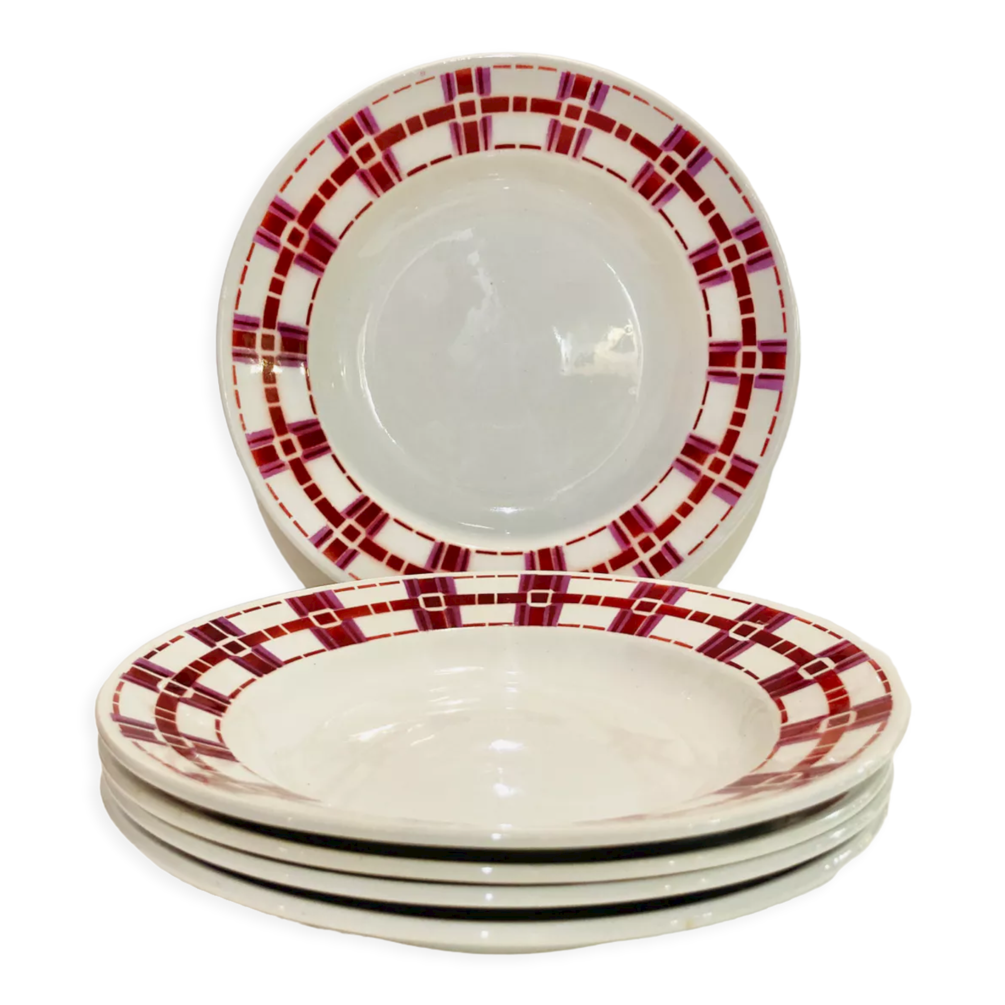 5 hollow plates in burgundy and red earthenware Stuart mill ds loups