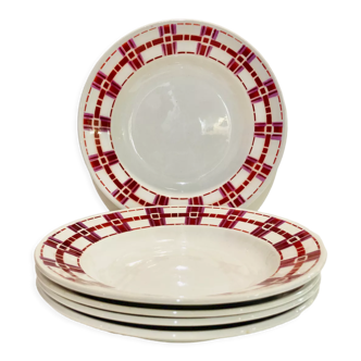 5 assiettes creuses en faïence bordeaux et rouge Stuart moulin ds loups