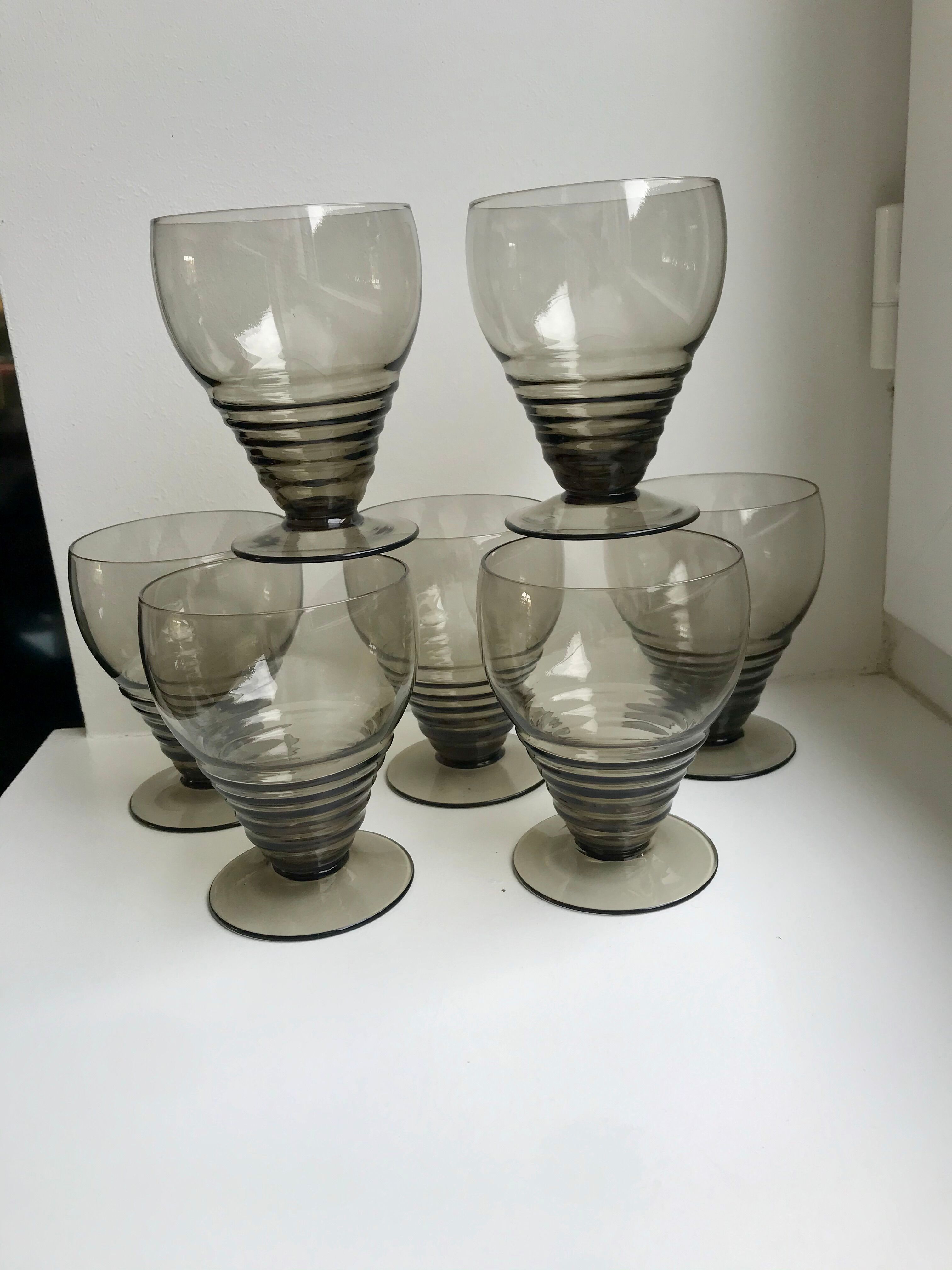 Set of 7 wine glasses  art deco smoked glass years 30-40