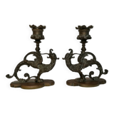 Pair of bronze candlesticks representing chimeras/dragons - 19th century