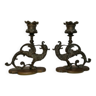 Pair of bronze candlesticks representing chimeras/dragons - 19th century