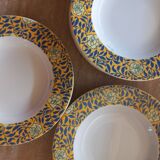 6 assiettes creuses Cacharel décor floral jaune et bleu