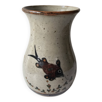 Ceramic vase with fish pattern - Vintage signed (signature to be identified)