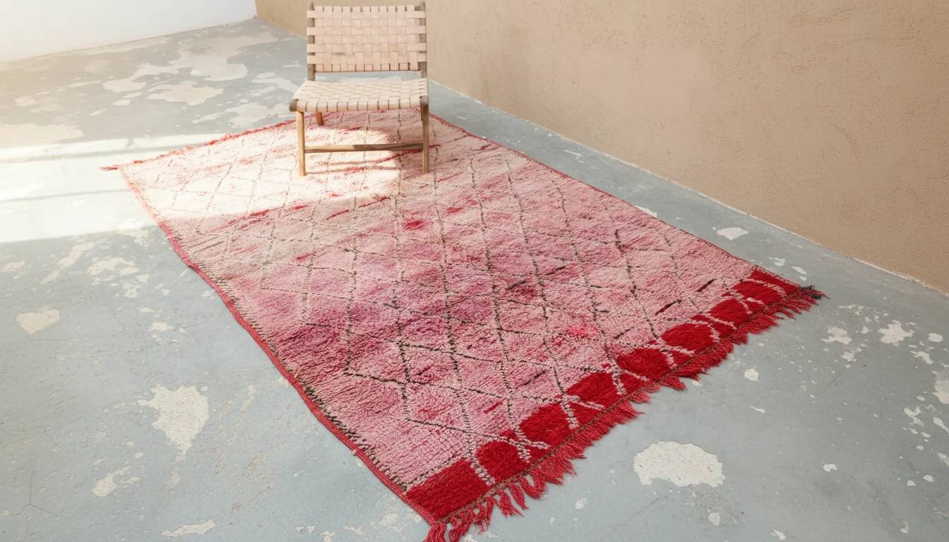 Vintage Boujaad rug 260×165 cm – Moroccan pink Berber rug with faded diamond tribal pattern, GO-1007
