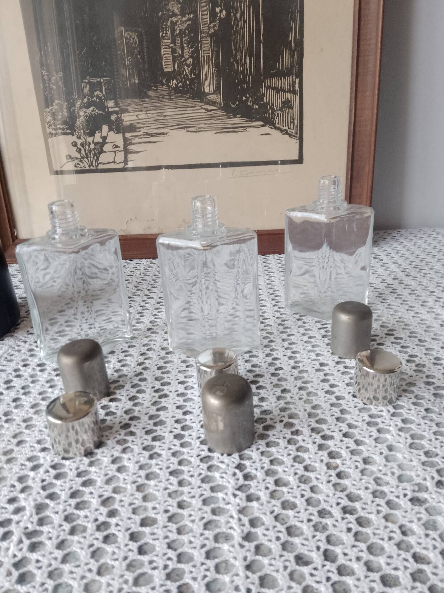 Liquor cabinet / set of 3 vintage travel flasks by Le Tanneur