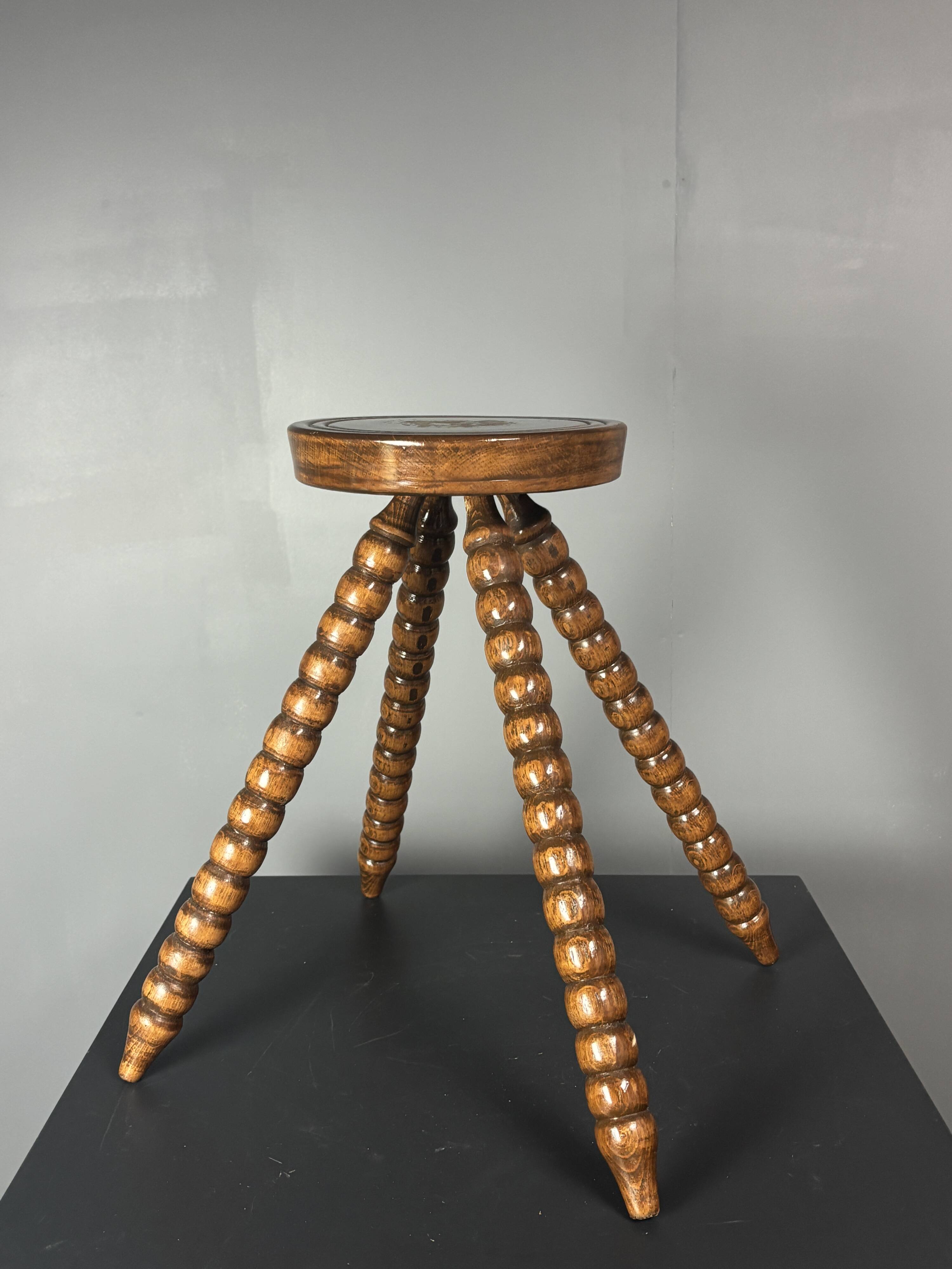 Midcentury bobbin wood turned farm house stool, France ca 1960s
