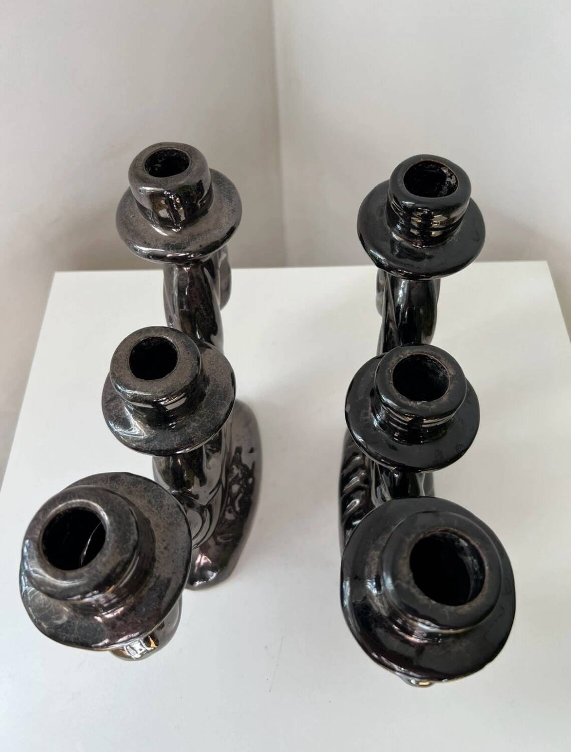 Pair of vintage iridescent black candlesticks, Vallauris style