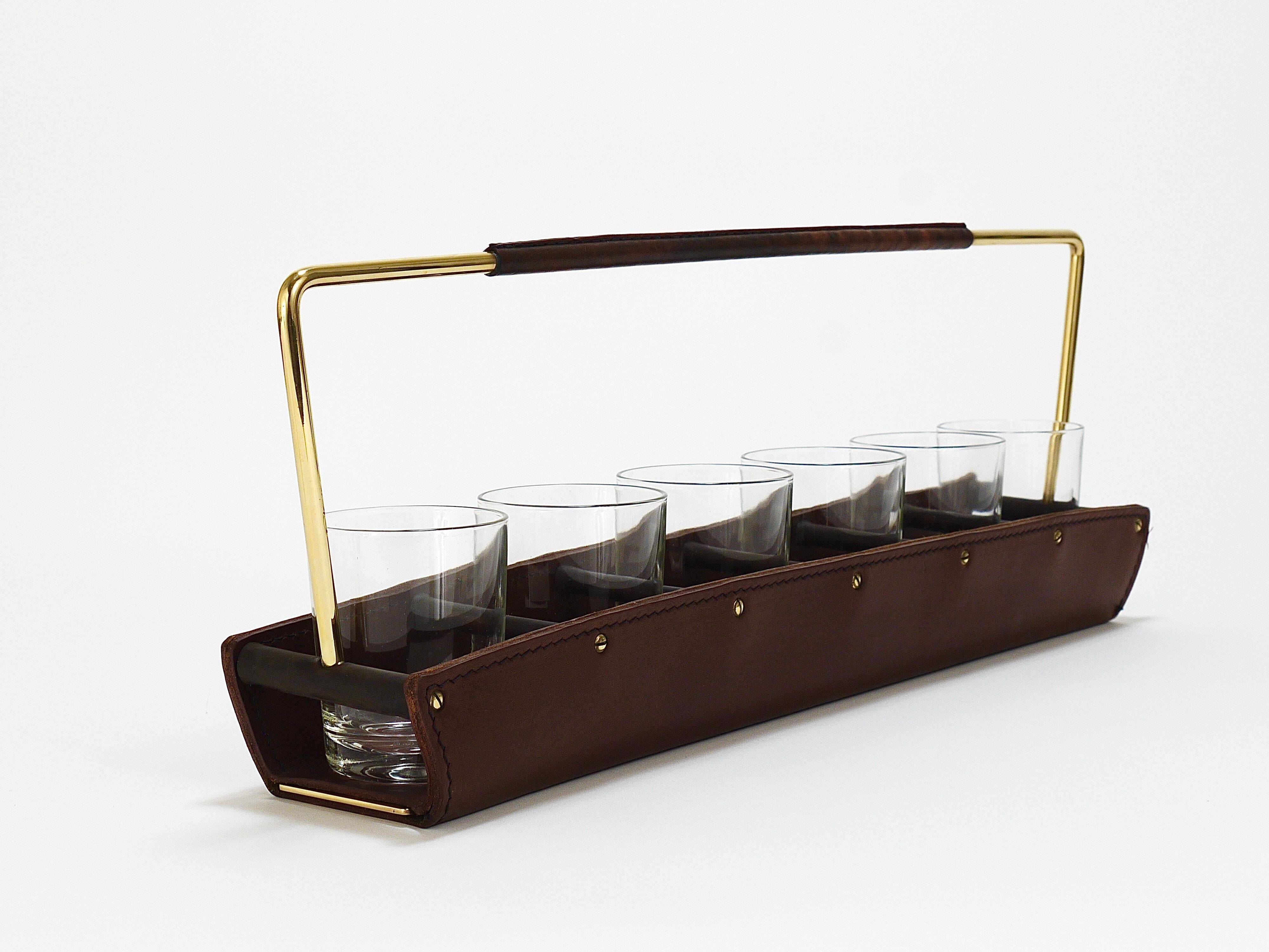 Carl Auböck II drinking glass holder, leather and brass, Austria 1950s