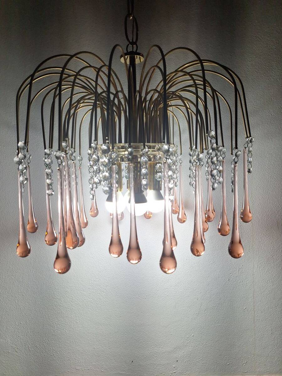 Lustre en cascade de grande taille en verre de Murano rose