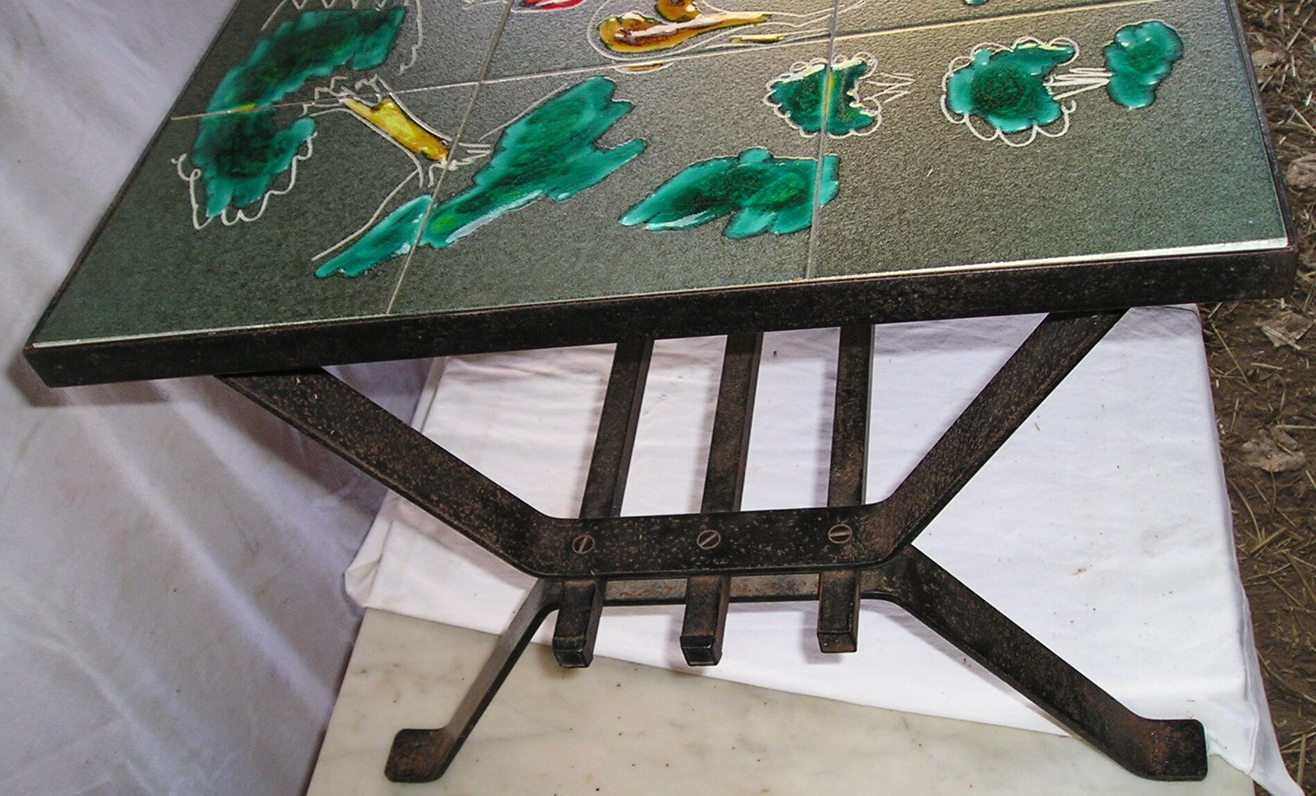 1970s metal and ceramic coffee table with hunting decor, signed