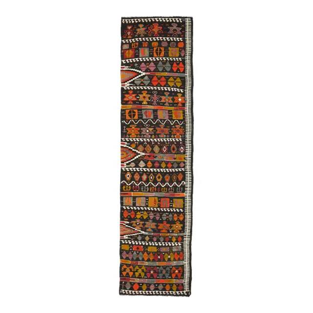1970s Vintage Turkish Oushak Handmade Wool Cotton Brown Runner Rug 95x367