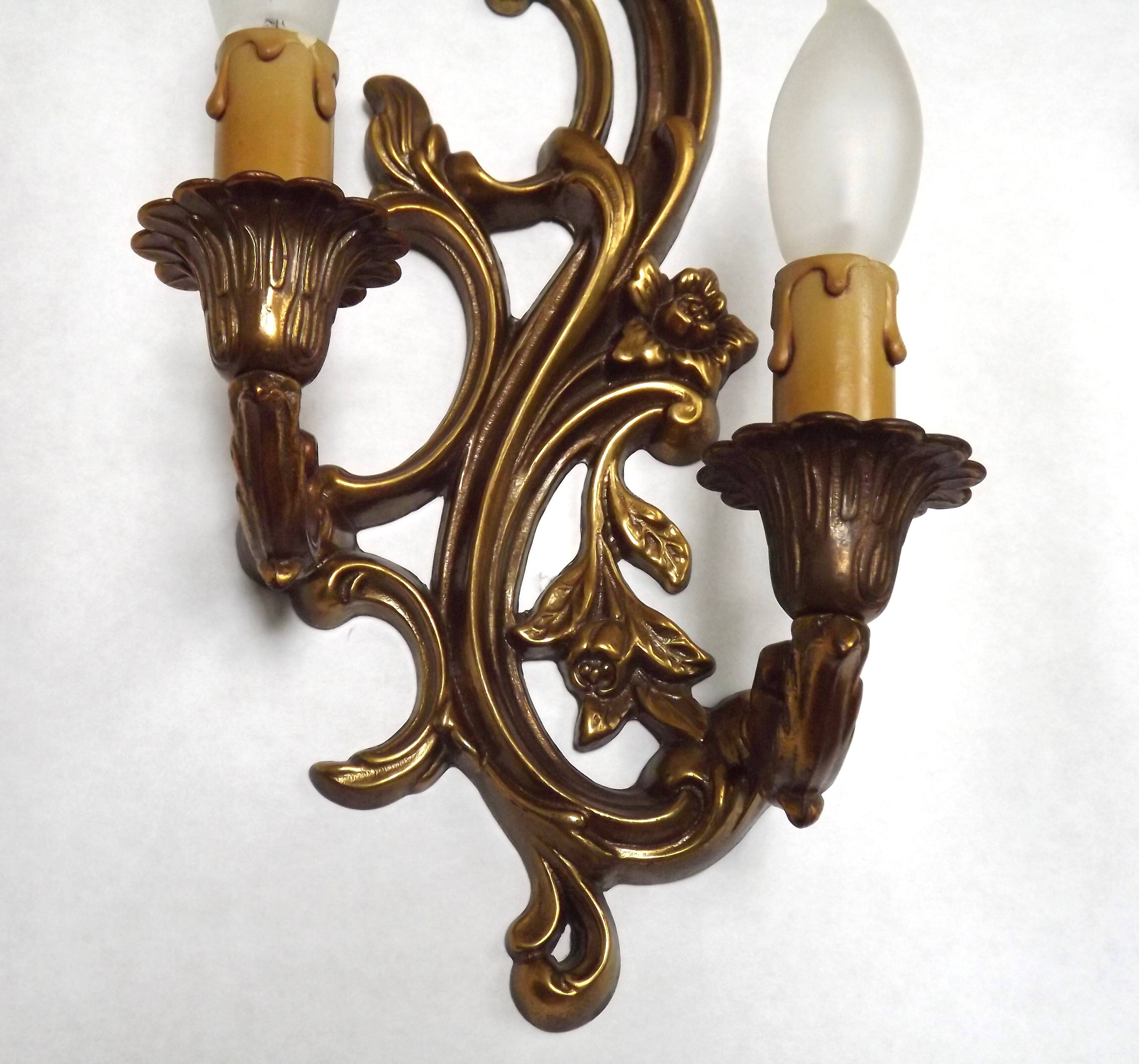 Pair Vintage French Bronze Double Wall Lights Acanthus Leaf & Flower Detail