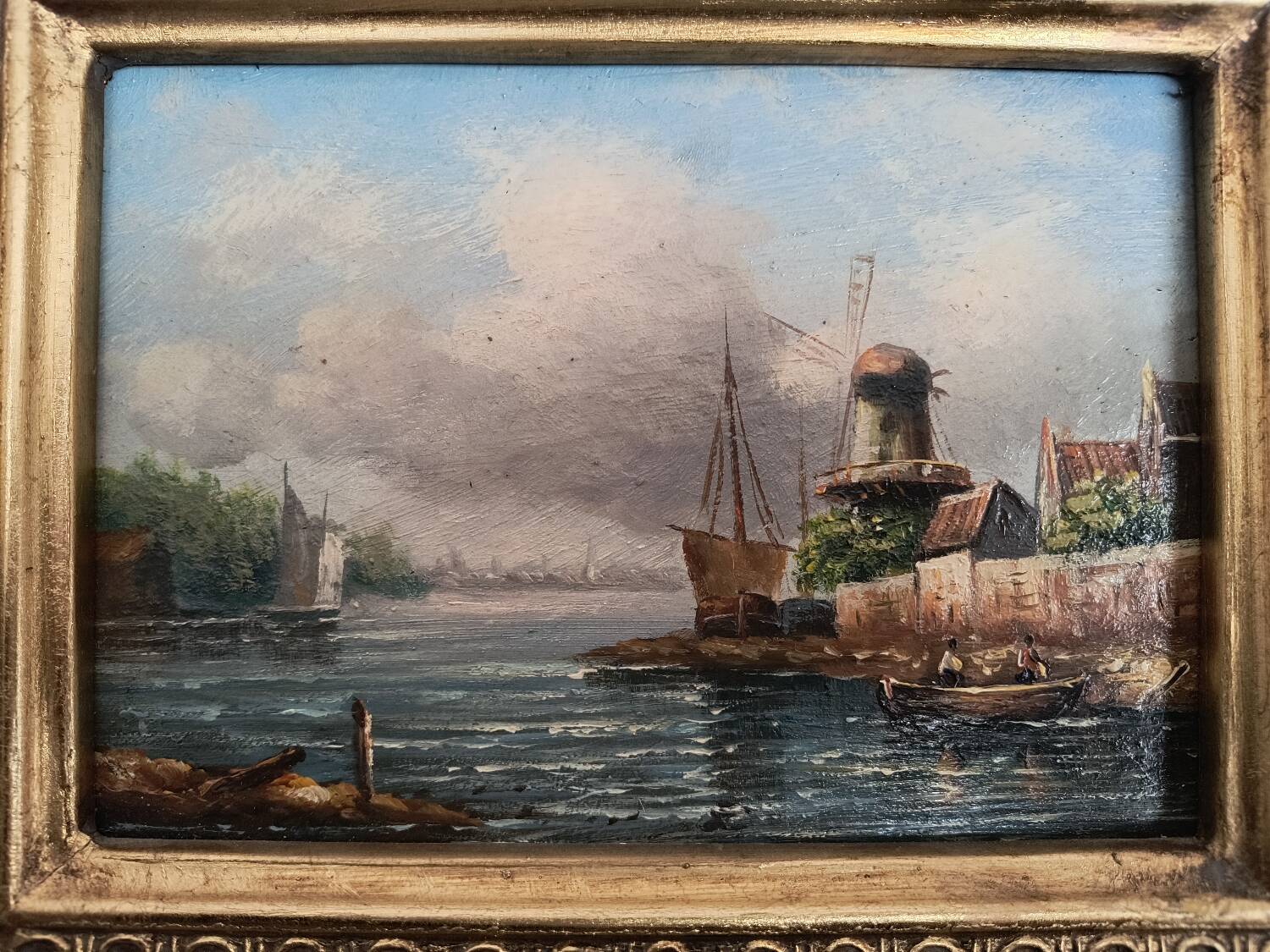Oil on canvas, Dutch harbour landscape - Very ornate wooden frame