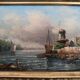 Oil on canvas, Dutch harbour landscape - Very ornate wooden frame