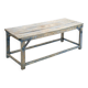 Wooden coffee table and metal reinforcements with blue patina