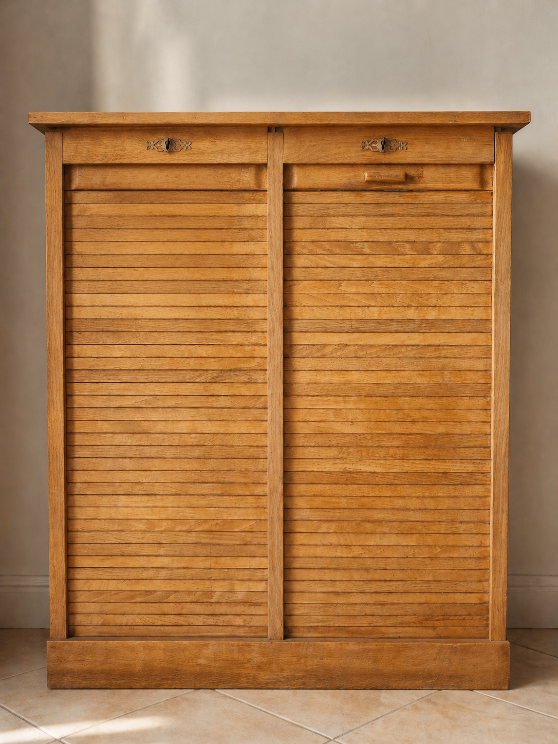 Old oak filing cabinet with curtains, notary furniture style.