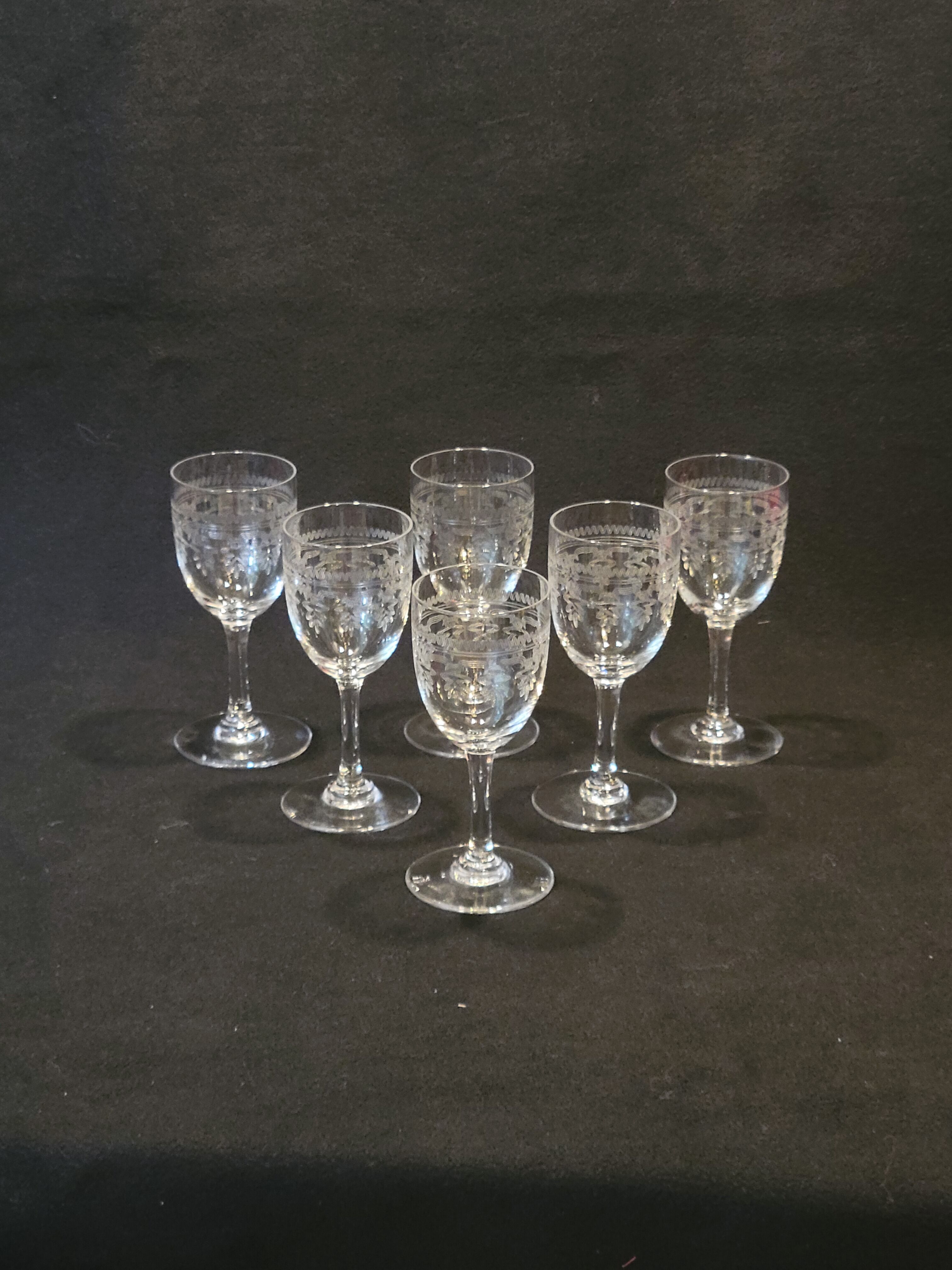 6 old glasses with engraved baccarat crystal wine stems