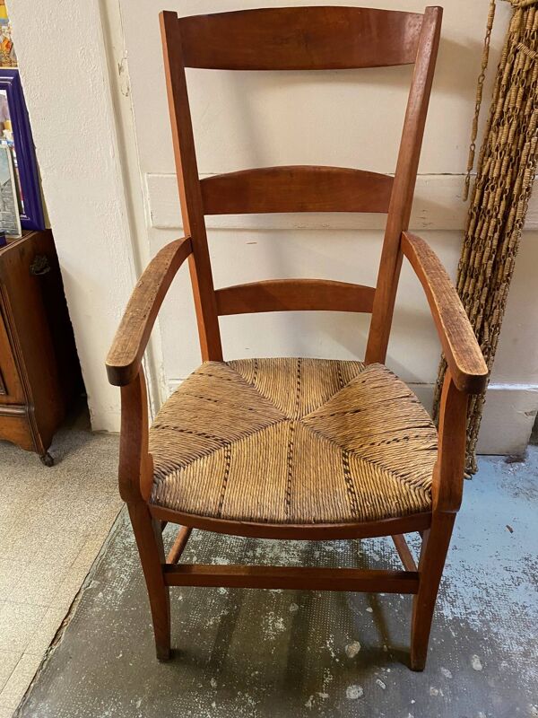 fauteuil provençal avec accoudoirs hetre fonce assise paille bicolore