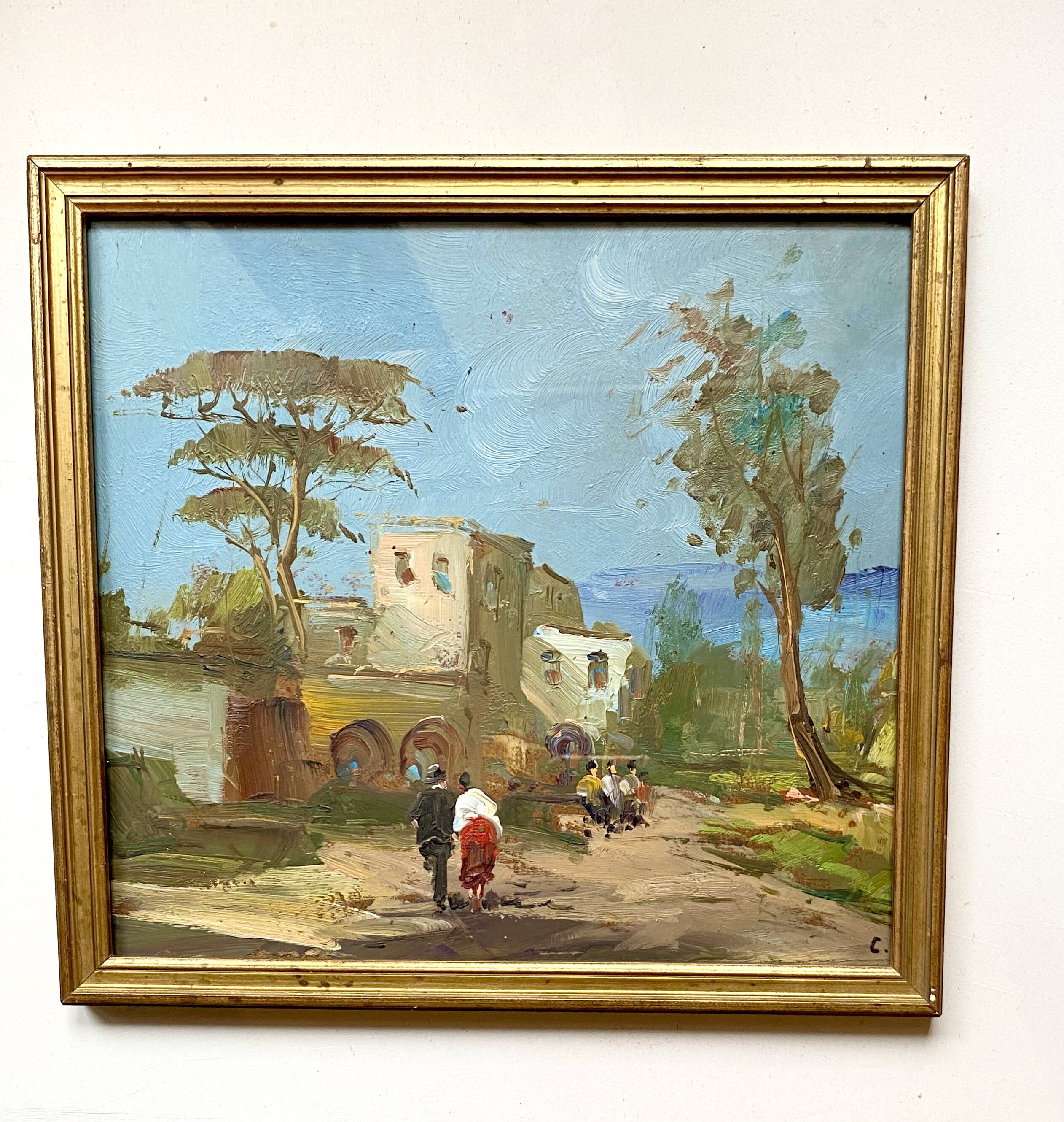 Huile 1950 mise sous verr, cadre bois doré