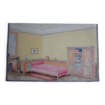 Original old watercolor - Interior architecture