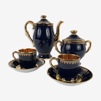 Coffee service, Limoges Goumont Labesse porcelain, oven blue and gold