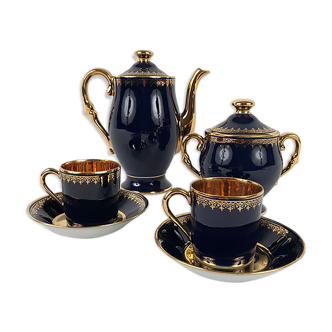 Coffee service, Limoges Goumont Labesse porcelain, oven blue and gold