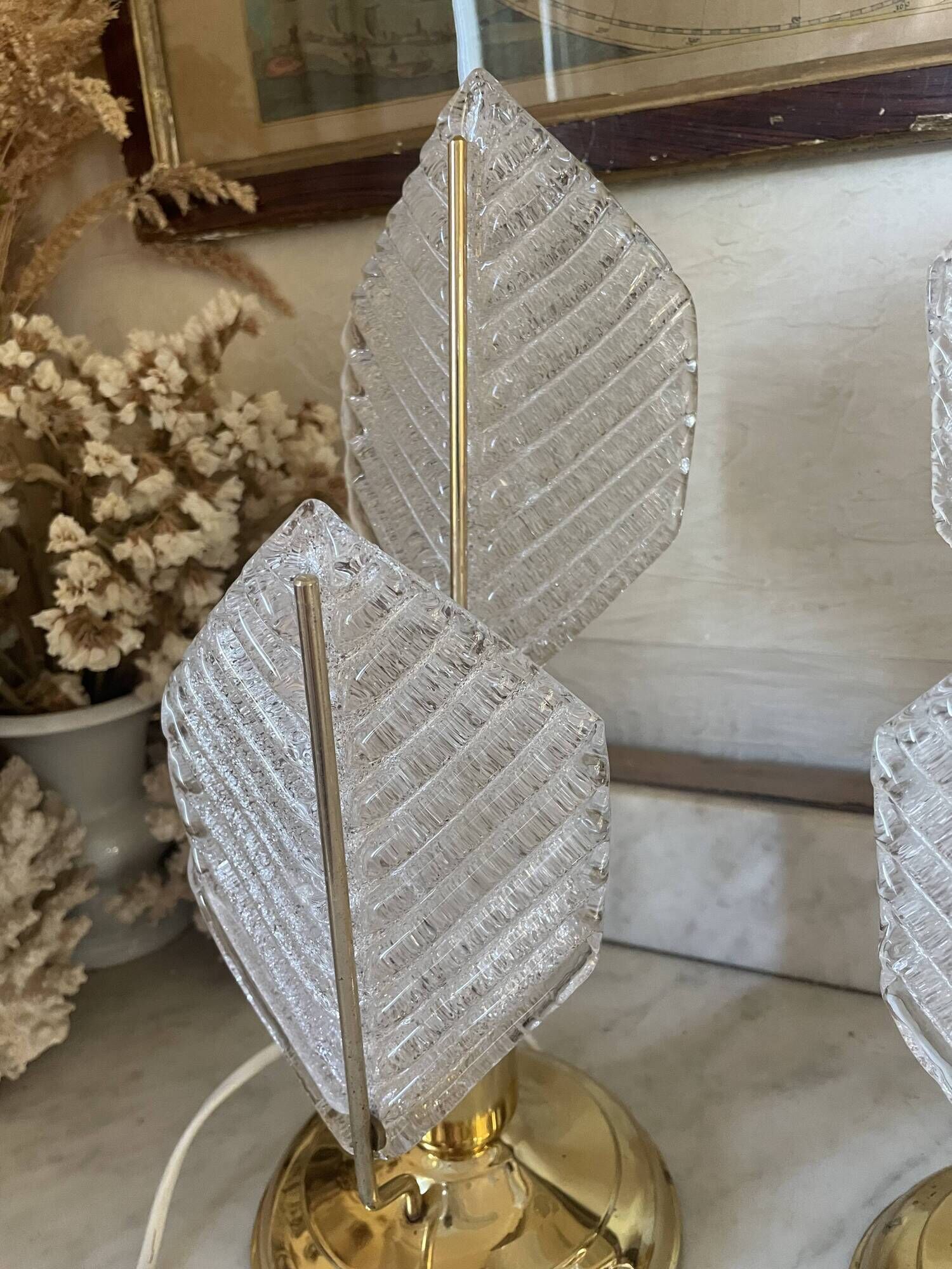 Paire de lampes métal doré et verre texturé, Mirasluz, 70’s
