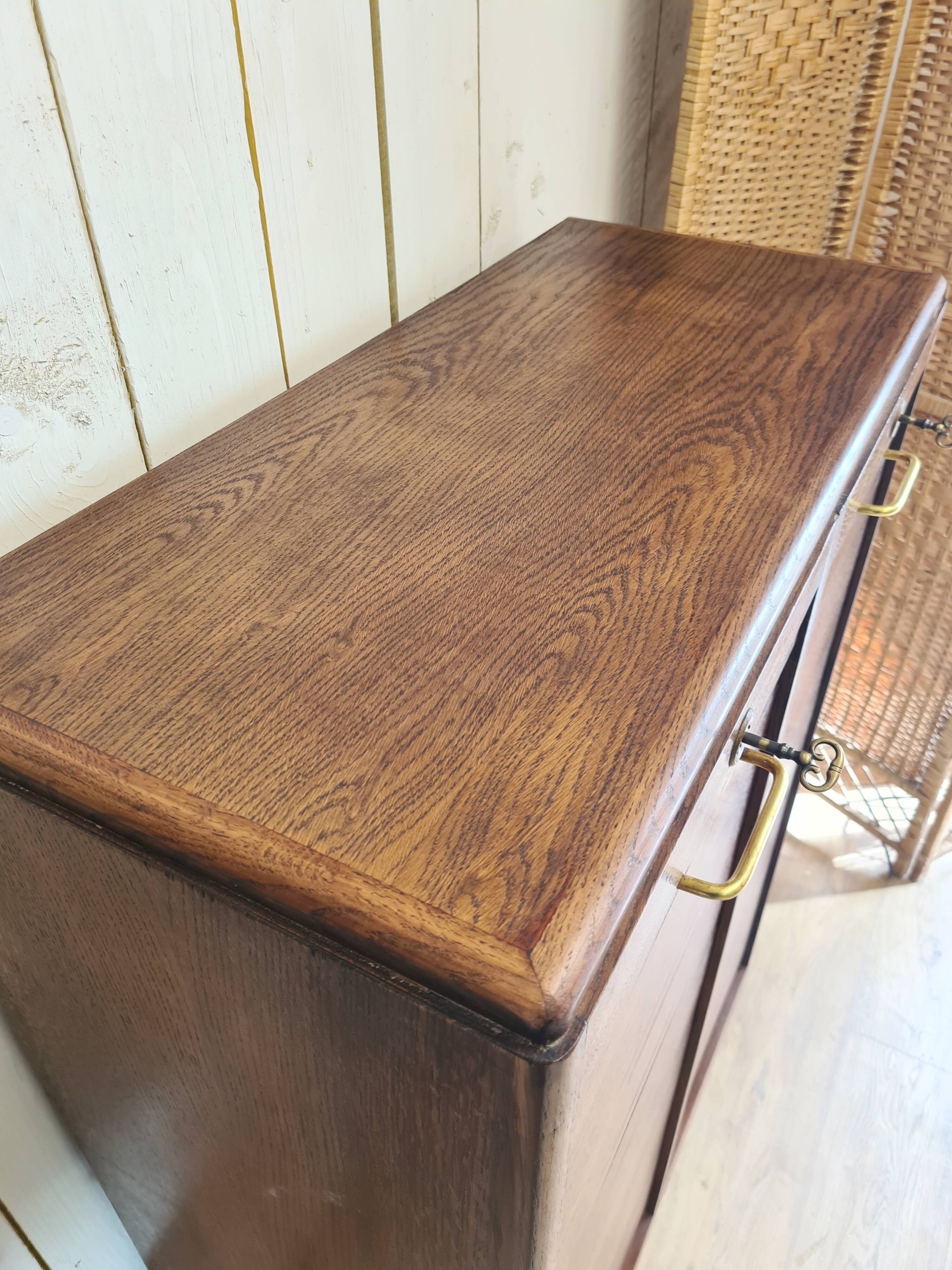 Renovated 1977 oak filing cabinet with double curtain