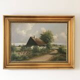 Large Vintage Countryside Cottage Original Oil Painting,circa 1940