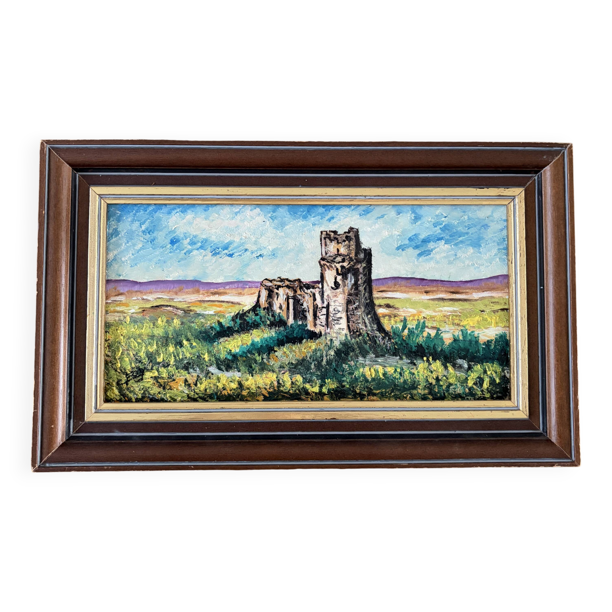 Framed oil painting - Landscape with castle ruins