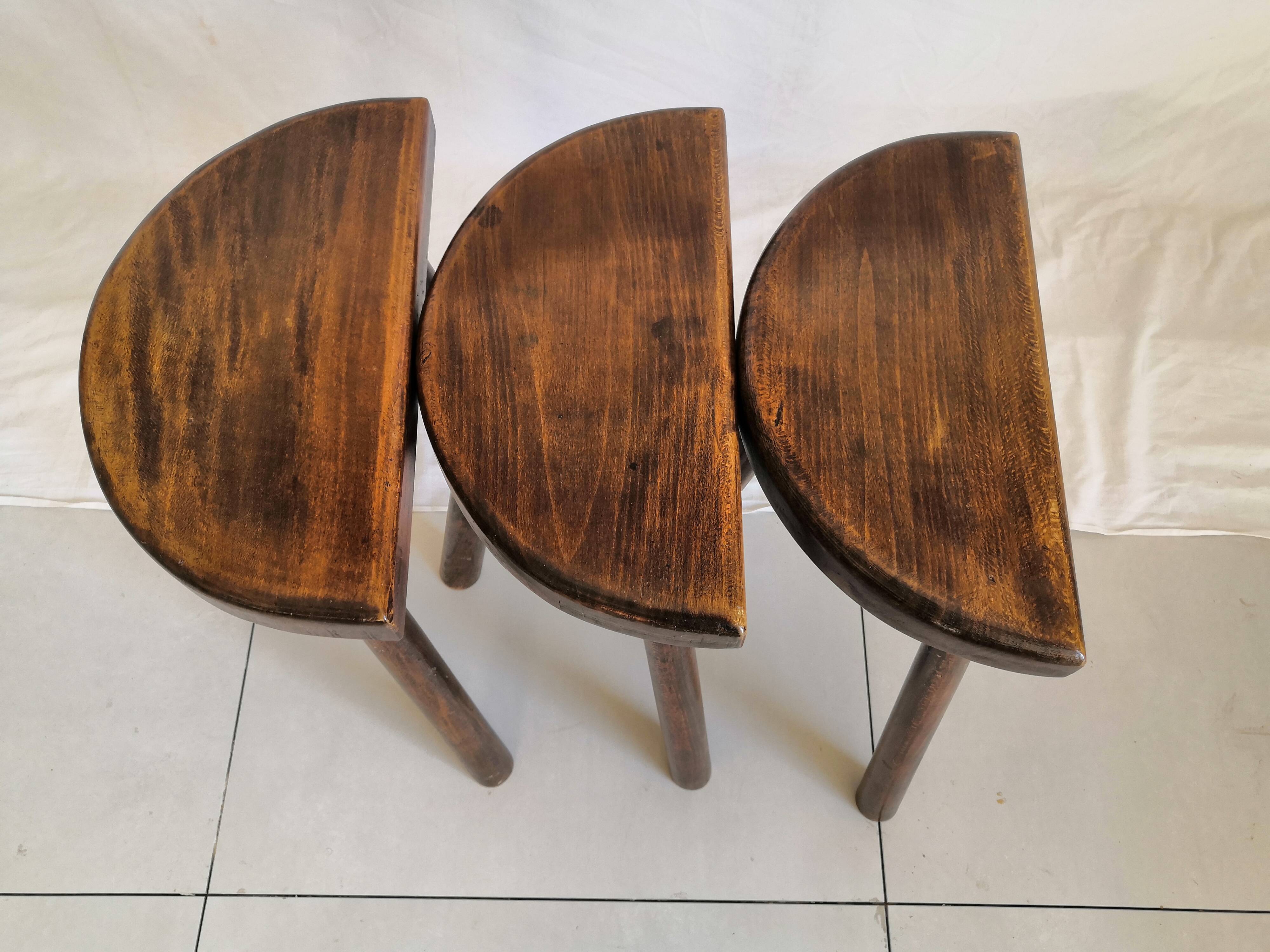 Trio of stools solid wood tripod brutal vintage brutalist