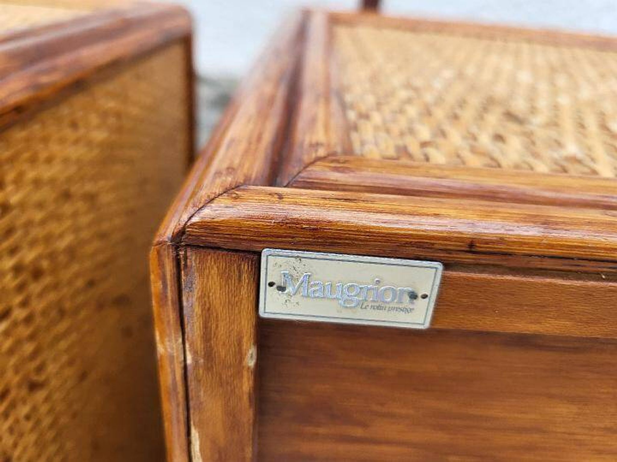 Pair of vintage maugrion rattan nightstands with drawers