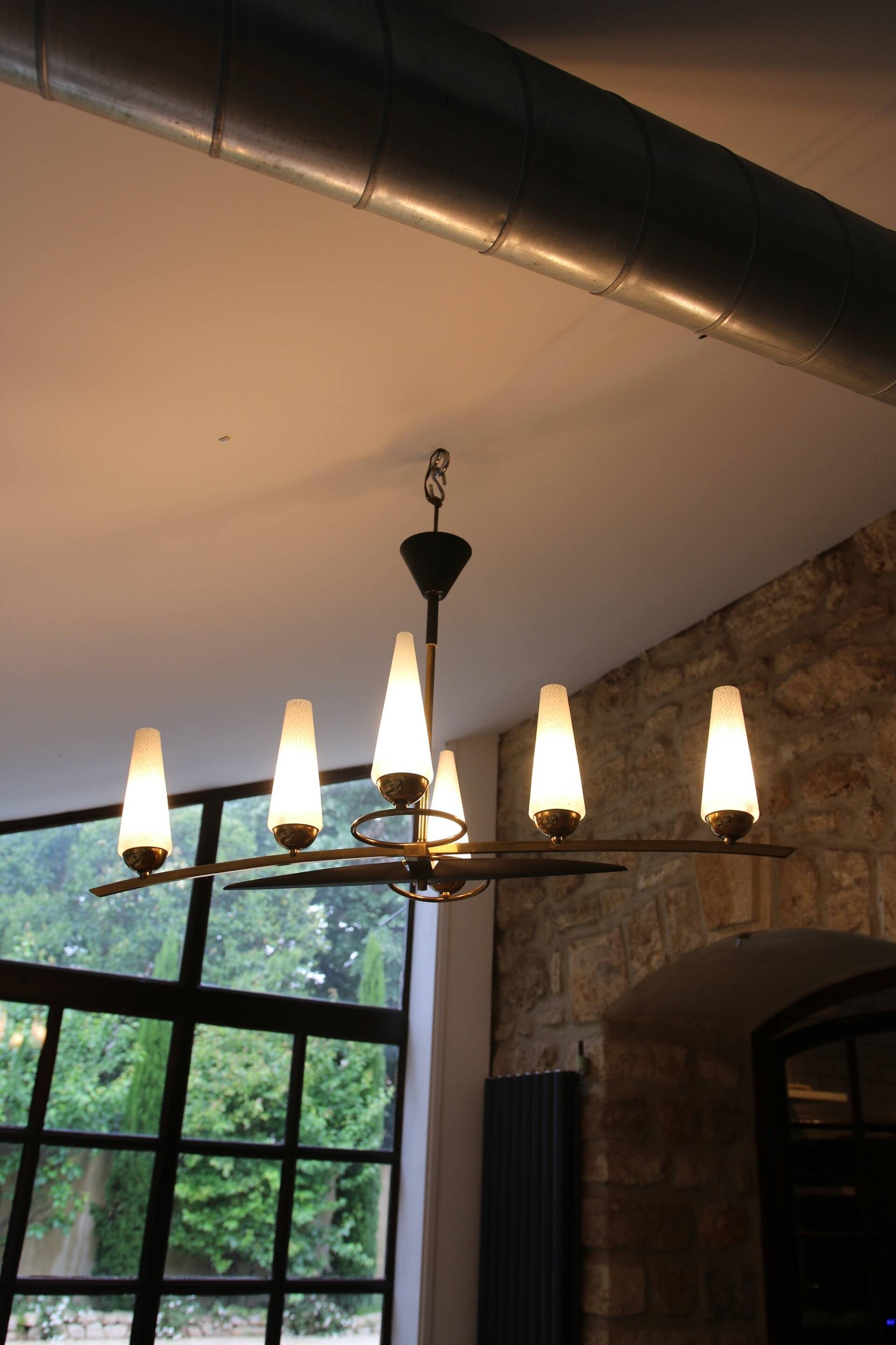 Mid-Century 6-Light Chandelier - Opaline and Brass