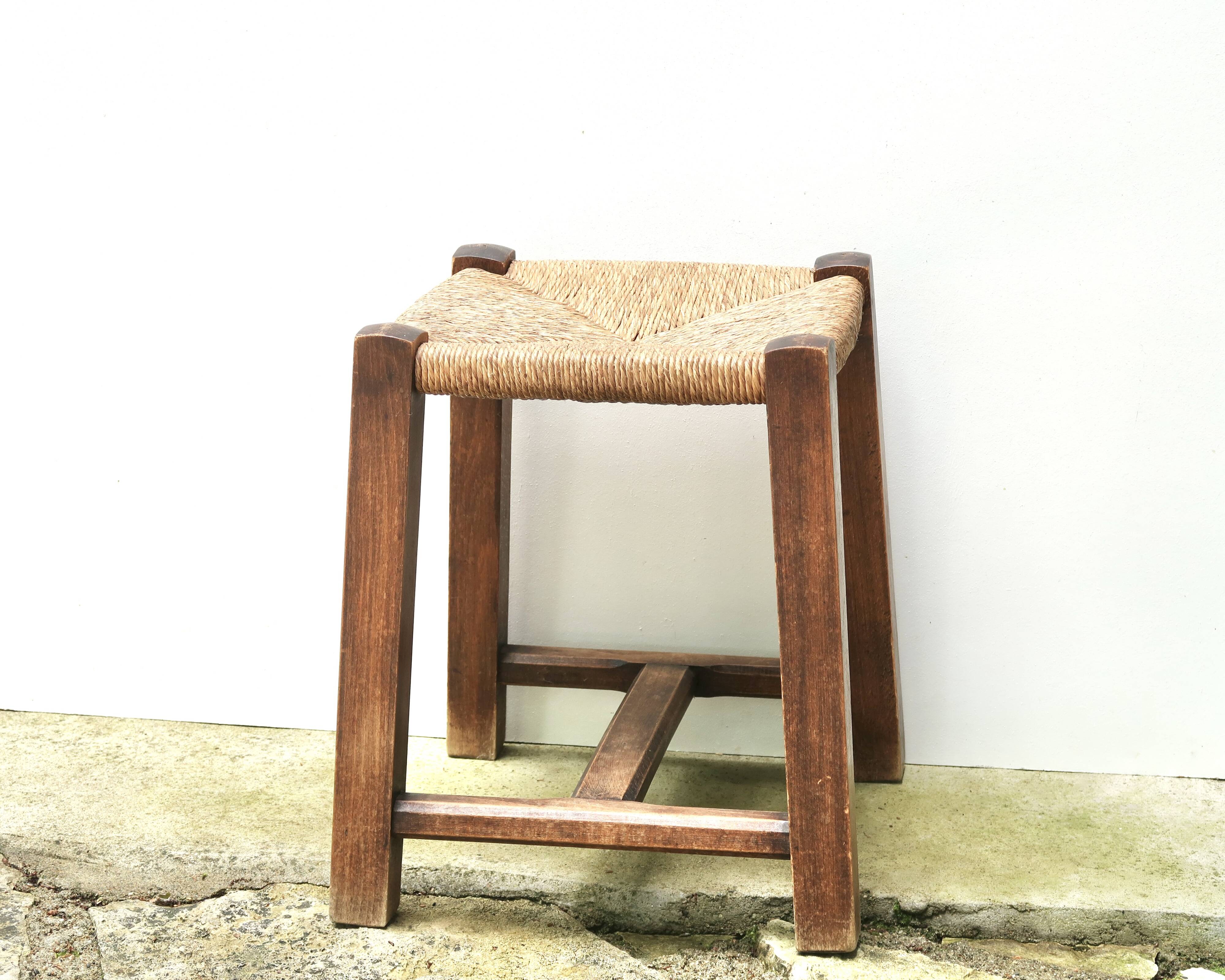 Wooden stool with straw seat, 1970s