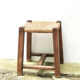 Wooden stool with straw seat, 1970s