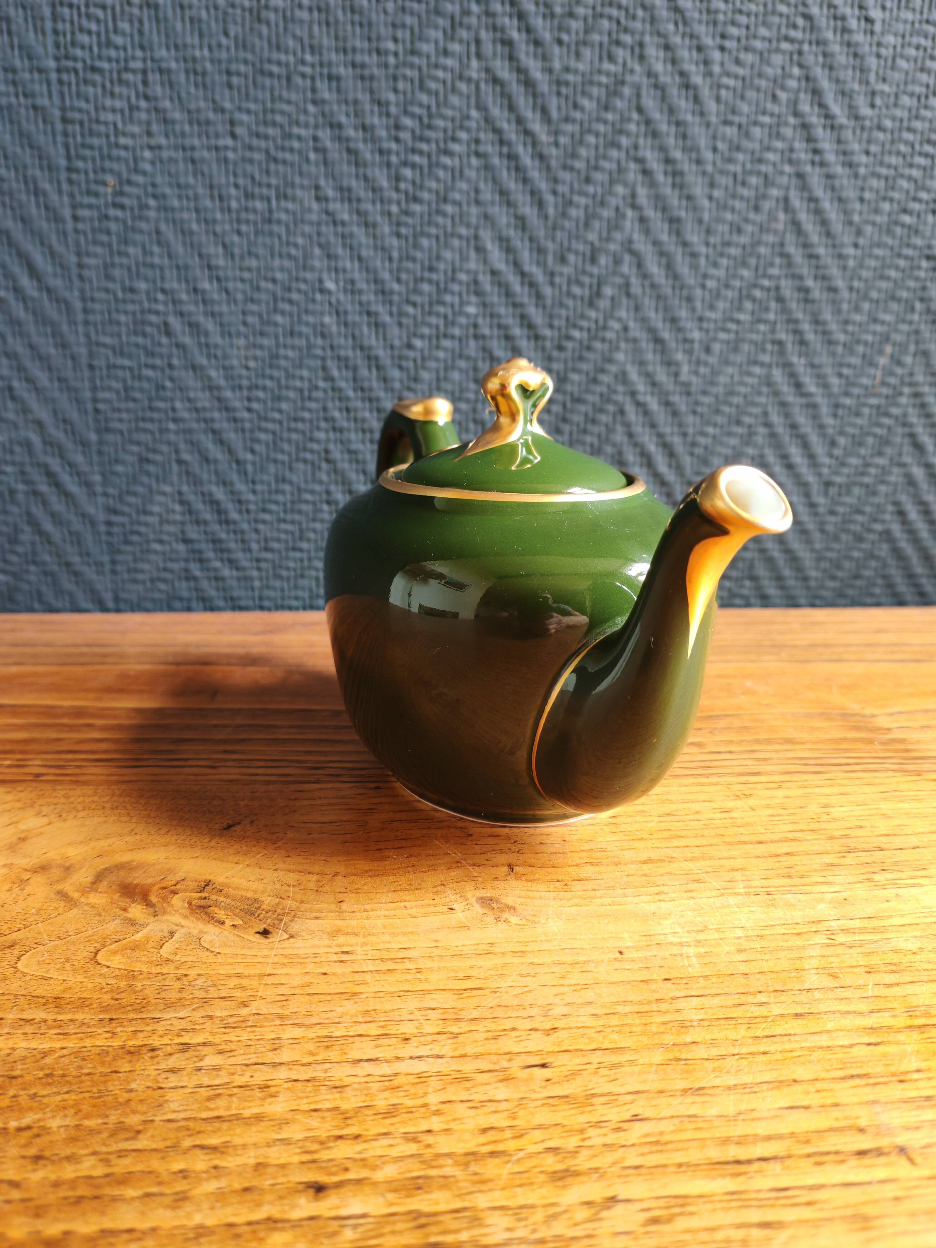 Vintage Teapot Mehun France Numbered, Green and Gold Porcelain