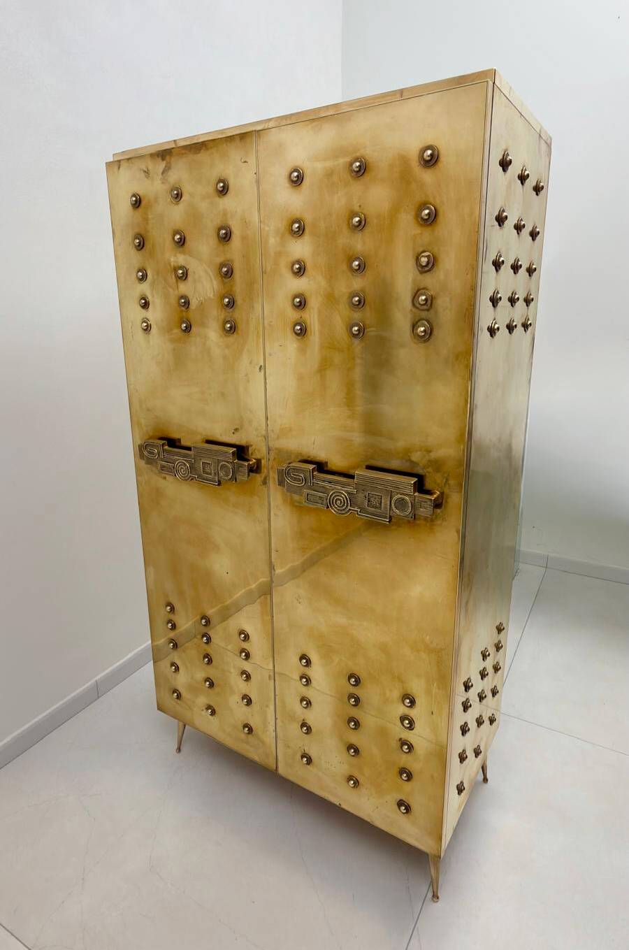 Italian Brass Bar Cabinet with Sculptural Cast Brass Handles