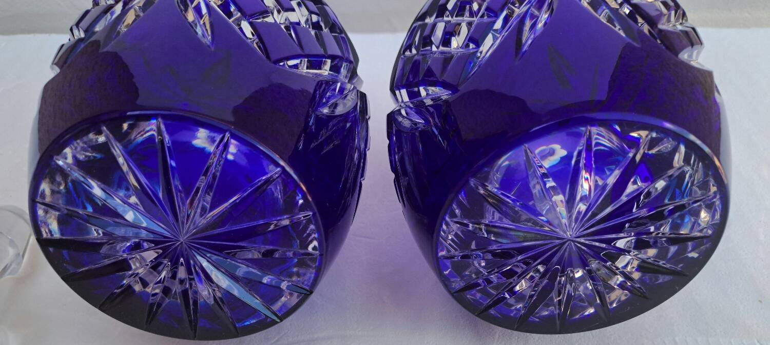 Pair of cobalt blue crystal decanters