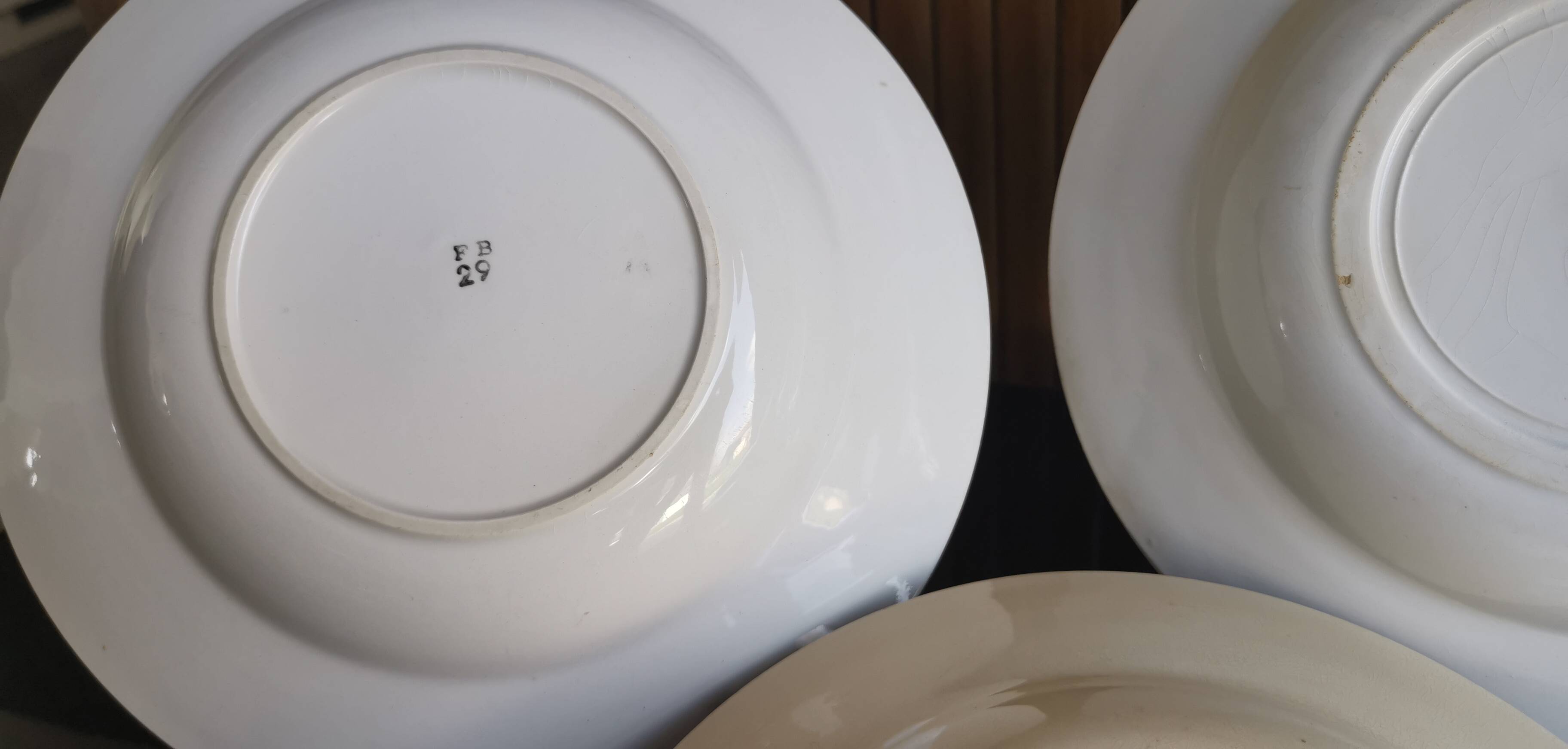 6 old plates mismatched geometric patterns Moulin des Loups, St Amand