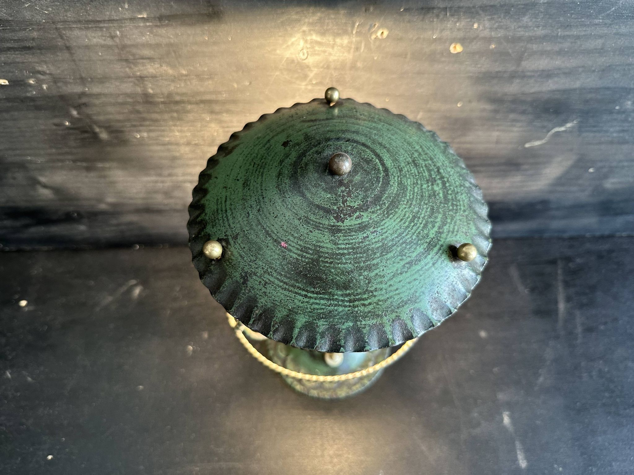Antique patinated green metal lamp, Art Nouveau style, early 20th century.